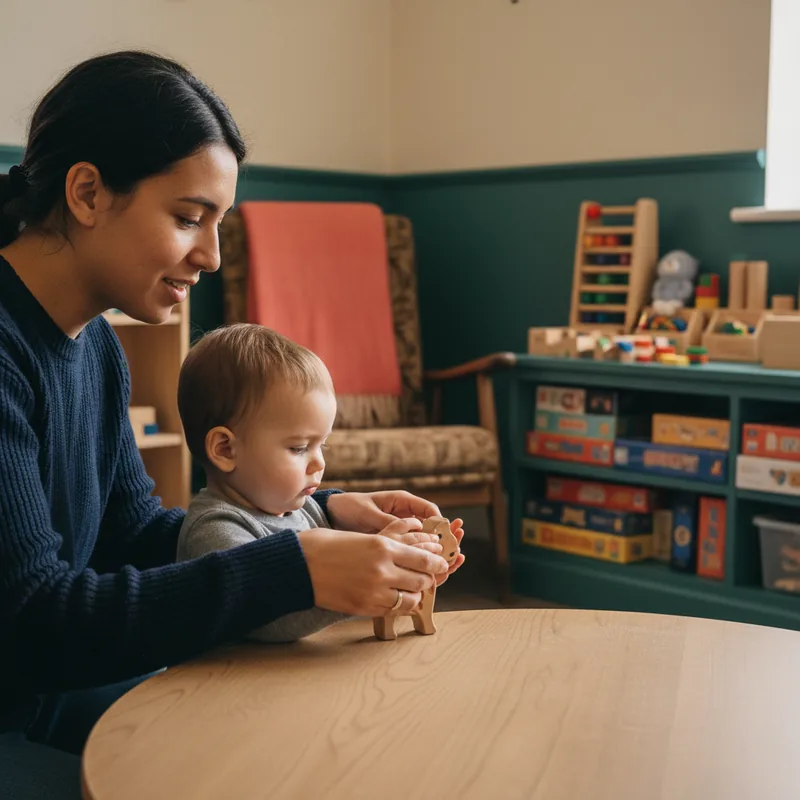 Parent and toddler choosing a wooden toy at a small community toy library in Englefield Green